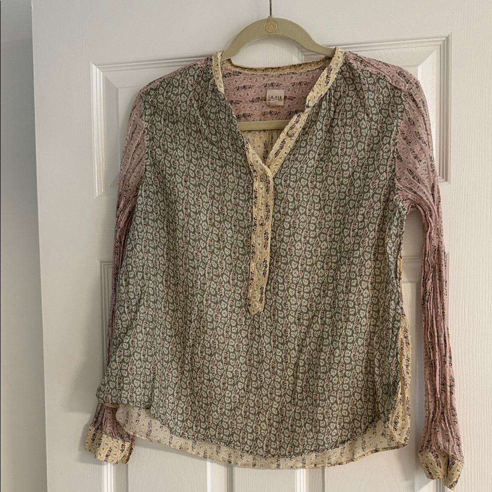 Rebecca Taylor Green and Pink Patterned Blouse